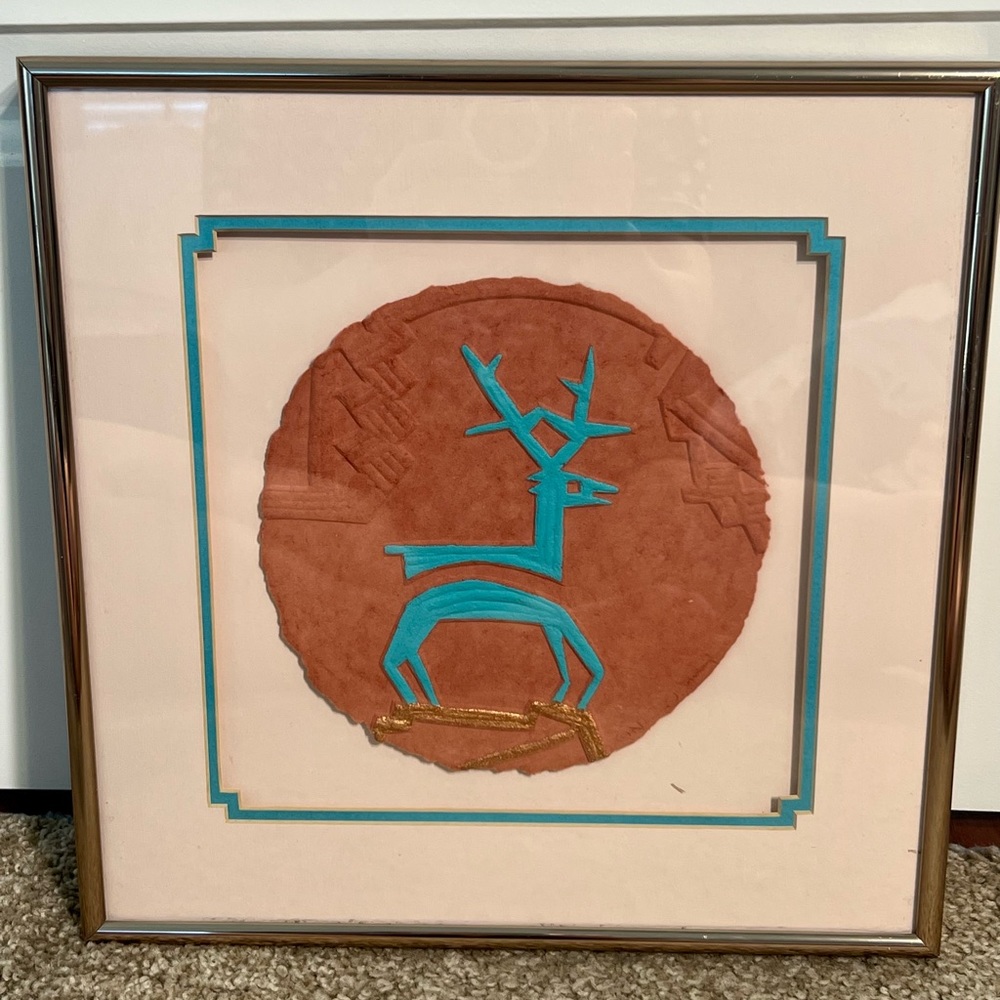 Vintage Nancy J. Young Southwest Paper Cast Lone Deer Framed Art Wall Hanging